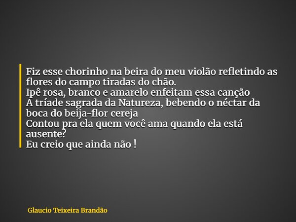 Fiz esse chorinho na beira do meu violão refletindo as flores do campo tiradas do chão. Ipê rosa, branco e amarelo enfeitam essa canção A tríade sagrada da Natu... Frase de Glaucio Teixeira Brandão.