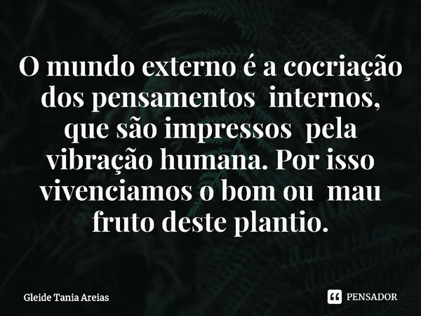 ⁠O mundo externo é a cocriação dos pensamentos internos, que são impressos pela vibração humana. Por isso vivenciamos o bom ou mau fruto deste plantio.... Frase de Gleide Tania Areias.