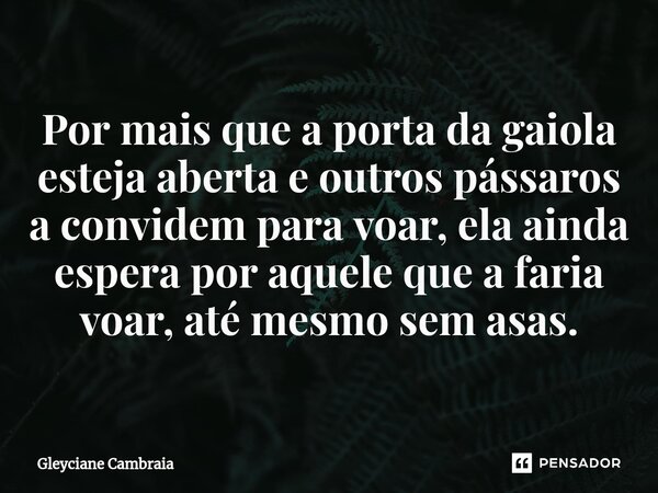 ⁠Por mais que a porta da gaiola esteja aberta e outros pássaros a convidem para voar, ela ainda espera por aquele que a faria voar, até mesmo sem asas.... Frase de Gleyciane Cambraia.