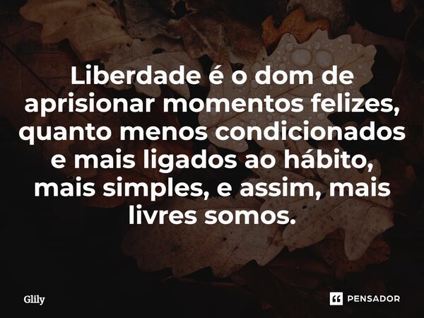 ⁠Liberdade é o dom de aprisionar momentos felizes, quanto menos condicionados e mais ligados ao hábito, mais simples, e assim, mais livres somos.... Frase de Glily.