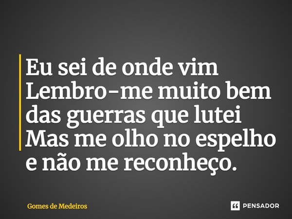 ⁠Eu sei de onde vim Lembro-me muito bem das guerras que lutei Mas me olho no espelho e não me reconheço.... Frase de Gomes de Medeiros.