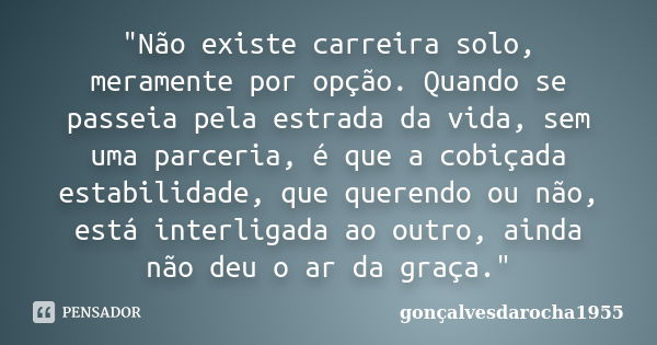 "Não existe carreira solo, meramente por opção. Quando se passeia pela estrada da vida, sem uma parceria, é que a cobiçada estabilidade, que querendo ou nã... Frase de gonçalvesdarocha1955.