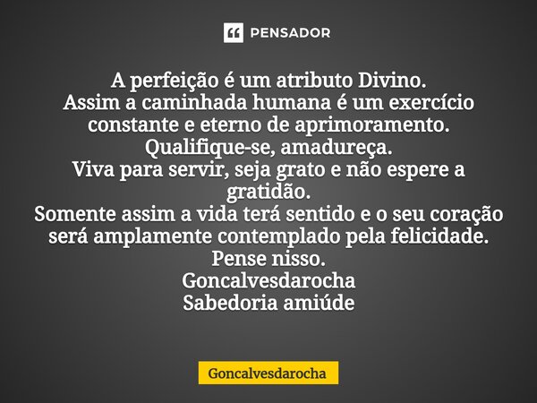 ⁠A perfeição é um atributo Divino. Assim a caminhada humana é um exercício constante e eterno de aprimoramento. Qualifique-se, amadureça. Viva para servir, seja... Frase de goncalvesdarocha.