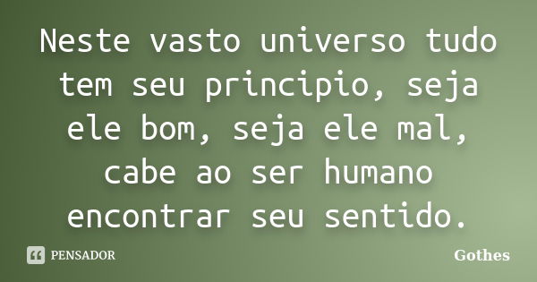 Neste vasto universo tudo tem seu principio, seja ele bom, seja ele mal, cabe ao ser humano encontrar seu sentido.... Frase de Gothes.