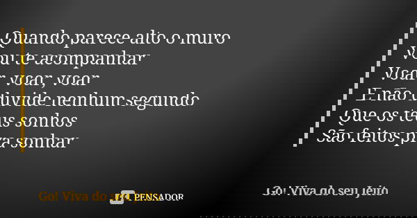 Quando parece alto o muro Vou te acompanhar Voar, voar, voar E não duvide nenhum segundo Que os teus sonhos São feitos pra sonhar... Frase de Go! Viva do seu Jeito.