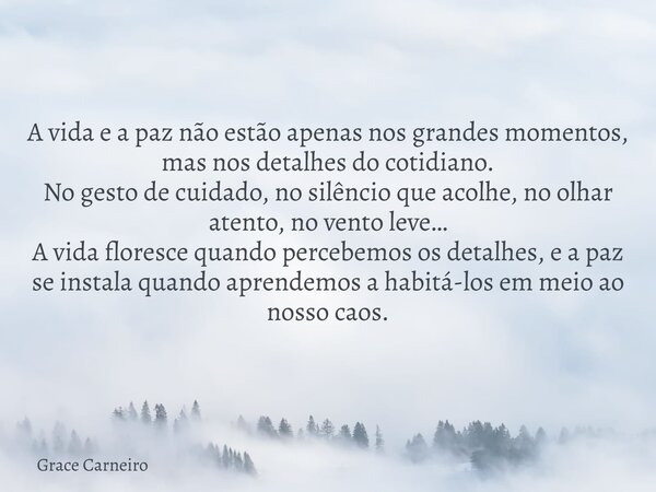 A vida e a paz não estão apenas nos grandes momentos, mas nos detalhes do cotidiano. No gesto de cuidado, no silêncio que acolhe, no olhar atento, no vento leve... Frase de Grace Carneiro.