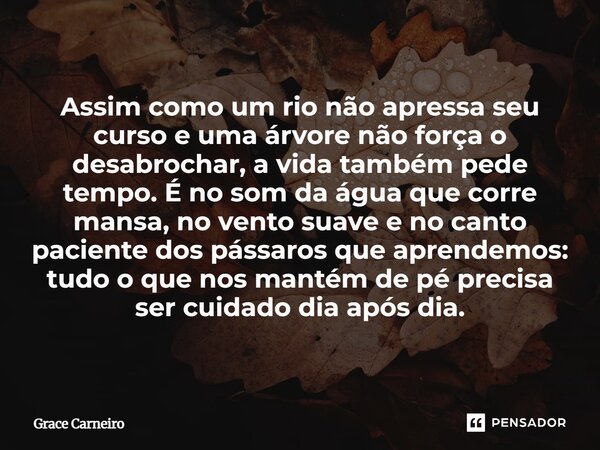 Assim como um rio não apressa seu curso e uma árvore não força o desabrochar, a vida também pede tempo. É no som da água que corre mansa, no vento suave e no c... Frase de Grace Carneiro.