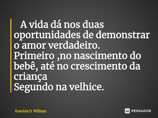 ⁠ A vida dá nos duas oportunidades de demonstrar o amor verdadeiro. Primeiro ,no nascimento do bebê, até no crescimento da criança Segundo na velhice.... Frase de Graciela D. William.