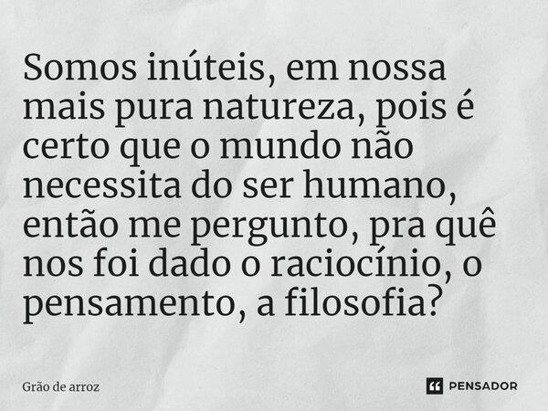 Somos inúteis, em nossa mais pura natureza, pois é certo que o mundo não necessita do ser humano, então me pergunto, pra quê nos foi dado o raciocínio, o pensam... Frase de Grão de arroz.