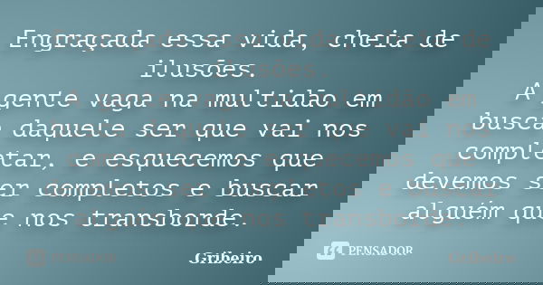 Engraçada essa vida, cheia de ilusões. A gente vaga na multidão em busca daquele ser que vai nos completar, e esquecemos que devemos ser completos e buscar algu... Frase de Gribeiro.