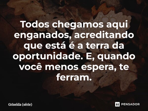 ⁠Todos chegamos aqui enganados, acreditando que está é a terra da oportunidade. E, quando você menos espera, te ferram.... Frase de Griselda (série).