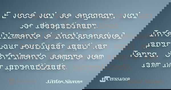 E você vai se enganar, vai se decepcionar. Infelizmente é indispensável para sua evolução aqui na Terra. Sofrimento sempre vem com um aprendizado.... Frase de Gritos Suaves.