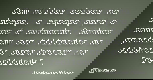 Com muitas coisas na cabeça, o espaço para o sonhos é sufocado. Sonhos precisam ser filtrados no silêncio para brotar na "realidade".... Frase de Guataçara Pituna.