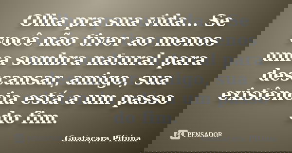 Olha pra sua vida... Se você não tiver ao menos uma sombra natural para descansar, amigo, sua existência está a um passo do fim.... Frase de Guataçara Pituna.