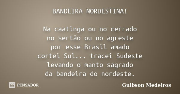 BANDEIRA NORDESTINA! Na caatinga ou no cerrado no sertão ou no agreste por esse Brasil amado cortei Sul... tracei Sudeste levando o manto sagrado da bandeira do... Frase de Guibson Medeiros.