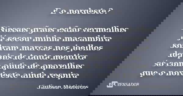 E o nordeste? Nossos grãos estão vermelhos já secou minha macambira sobram marcas nos joelhos depois de tanta mentira só com ajuda de aparelhos que o nordeste a... Frase de Guibson Medeiros.