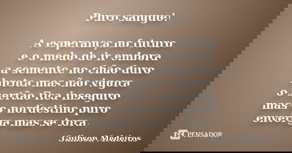 Puro sangue! A esperança no futuro e o medo de ir embora a semente no chão duro brota mas não vigora o sertão fica inseguro mas o nordestino puro enverga mas se... Frase de Guibson Medeiros.