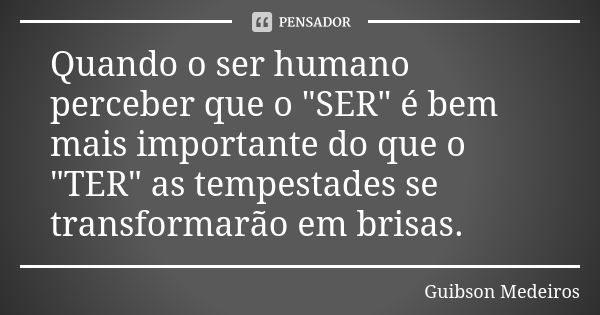 Quando o ser humano perceber que o "SER" é bem mais importante do que o "TER" as tempestades se transformarão em brisas.... Frase de Guibson Medeiros.