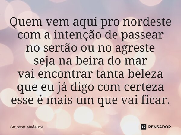 ⁠Quem vem aqui pro nordeste com a intenção de passear no sertão ou no agreste seja na beira do mar vai encontrar tanta beleza que eu já digo com certeza esse é ... Frase de Guibson Medeiros.