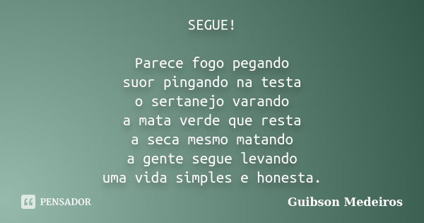 SEGUE! Parece fogo pegando suor pingando na testa o sertanejo varando a mata verde que resta a seca mesmo matando a gente segue levando uma vida simples e hones... Frase de Guibson Medeiros.