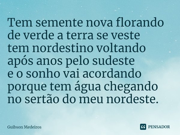 ⁠Tem semente nova florando de verde a terra se veste tem nordestino voltando após anos pelo sudeste e o sonho vai acordando porque tem água chegando no sertão d... Frase de Guibson Medeiros.