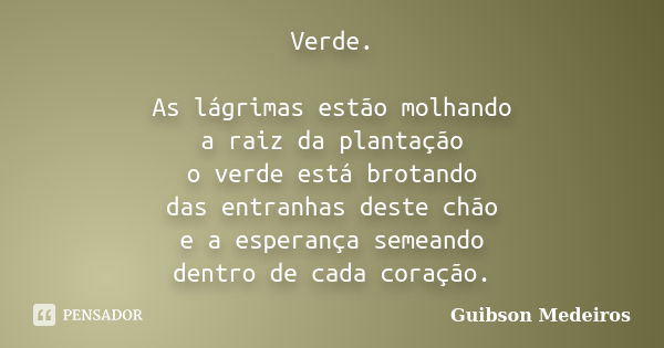 Verde. As lágrimas estão molhando a raiz da plantação o verde está brotando das entranhas deste chão e a esperança semeando dentro de cada coração.... Frase de Guibson Medeiros.