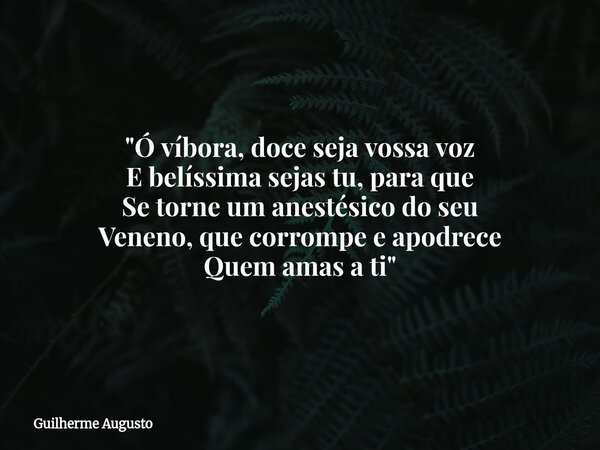 "Ó víbora, doce seja vossa voz E belíssima sejas tu, para que Se torne um anestésico do seu Veneno, que corrompe e apodrece Quem amas a ti"... Frase de Guilherme Augusto.