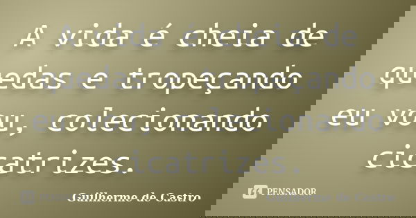 A vida é cheia de quedas e tropeçando eu vou, colecionando cicatrizes.... Frase de Guilherme de Castro.
