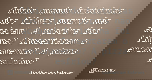 Odeio quando histórias dos filmes pornôs não acabam! A piscina foi limpa? Consertaram o encanamento? A pizza esfriou?... Frase de Guilherme Esteves.