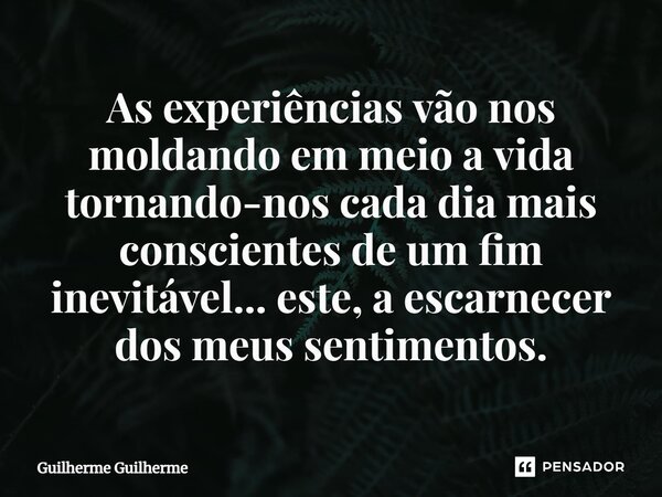 ⁠As experiências vão nos moldando em meio a vida tornando-nos cada dia mais conscientes de um fim inevitável... este, a escarnecer dos meus sentimentos.... Frase de Guilherme Guilherme.