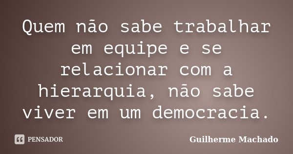 Quem não sabe trabalhar em equipe e se relacionar com a hierarquia, não sabe viver em um democracia.... Frase de Guilherme Machado.