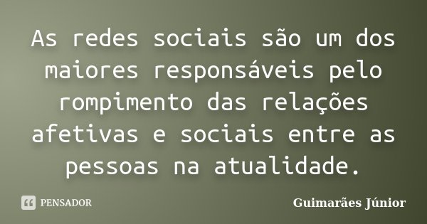 As redes sociais são um dos maiores responsáveis pelo rompimento das relações afetivas e sociais entre as pessoas na atualidade.... Frase de Guimarães Júnior.
