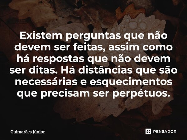 ⁠Existem perguntas que não devem ser feitas, assim como há respostas que não devem ser ditas. Há distâncias que são necessárias e esquecimentos que precisam ser... Frase de Guimarães Júnior.