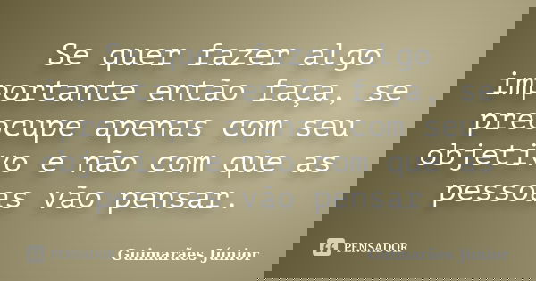 Se quer fazer algo importante então faça, se preocupe apenas com seu objetivo e não com que as pessoas vão pensar.... Frase de Guimarães Júnior.