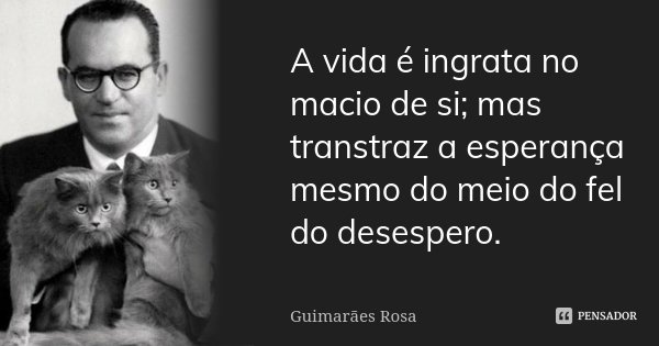 A vida é ingrata no macio de si; mas transtraz a esperança mesmo do meio do fel do desespero.... Frase de Guimarães Rosa.