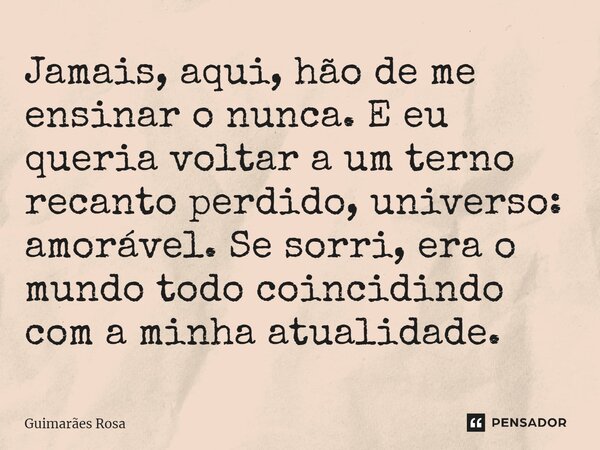 Jamais, aqui, hão de me ensinar o nunca. E eu queria voltar a um terno recanto perdido, universo: amorável. Se sorri, era o mundo todo coincidindo com a minha a... Frase de Guimarães Rosa.