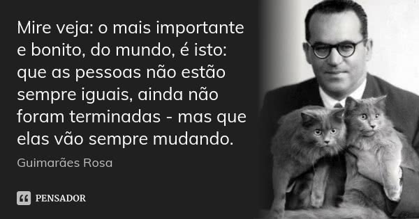 Mire veja: o mais importante e bonito, do mundo, é isto: que as pessoas não estão sempre iguais, ainda não foram terminadas - mas que elas vão sempre mudando.... Frase de Guimarães Rosa.