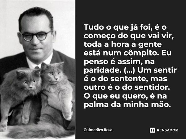 Tudo o que já foi, é o começo do que vai vir, toda a hora a gente está num cômpito. Eu penso é assim, na paridade. (...) Um sentir é o do sentente, mas outro é ... Frase de Guimarães Rosa.