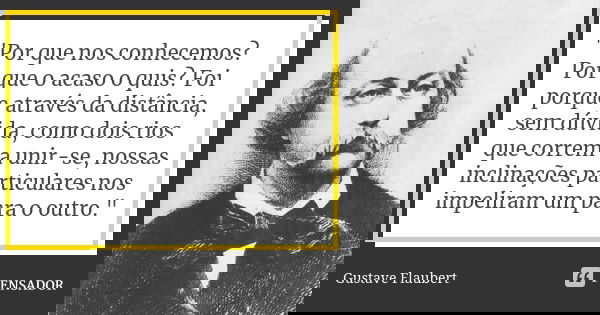 "Por que nos conhecemos? Por que o acaso o quis? Foi porque através da distância, sem dúvida, como dois rios que correm a unir-se, nossas inclinações parti... Frase de Gustave Flaubert.
