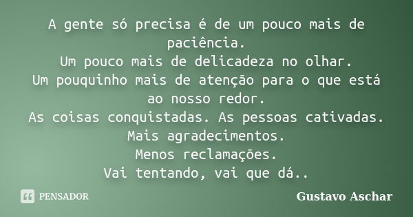 A gente só precisa é de um pouco mais de paciência. Um pouco mais de delicadeza no olhar. Um pouquinho mais de atenção para o que está ao nosso redor. As coisas... Frase de Gustavo Aschar.