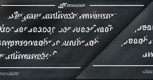 De que adianta minerar pedras ao acaso, se você não pode compreender o valor de um diamante?... Frase de Gustavo Gatto.