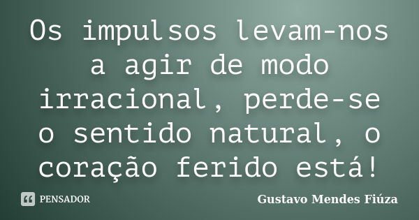 Os impulsos levam-nos a agir de modo irracional, perde-se o sentido natural, o coração ferido está!... Frase de Gustavo Mendes Fiúza.