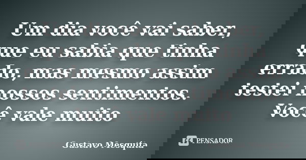 Um dia você vai saber, que eu sabia que tinha errado, mas mesmo assim testei nossos sentimentos. Você vale muito... Frase de Gustavo Mesquita.
