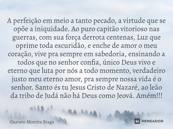A perfeição em meio a tanto pecado, a virtude que se opõe a iniquidade. Ao puro capitão vitorioso nas guerras, com sua força derrota centenas, Luz que oprime t... Frase de Gustavo Moreira Braga.