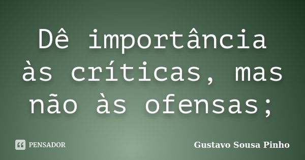 Dê importância às críticas, mas não às ofensas;... Frase de Gustavo Sousa Pinho.