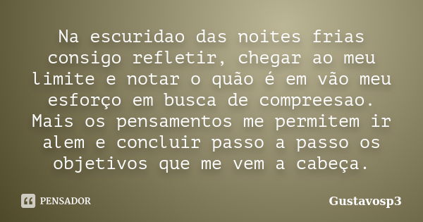 Na escuridao das noites frias consigo refletir, chegar ao meu limite e notar o quão é em vão meu esforço em busca de compreesao. Mais os pensamentos me permitem... Frase de Gustavosp3.