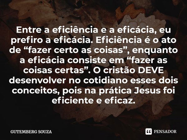 ⁠Entre a eficiência e a eficácia, eu prefiro a eficácia. Eficiência é o ato de “fazer certo as coisas”, enquanto a eficácia consiste em “fazer as coisas certas”... Frase de GUTEMBERG SOUZA.