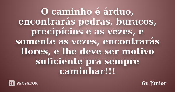 O caminho é árduo, encontrarás pedras, buracos, precipícios e as vezes, e somente as vezes, encontrarás flores, e lhe deve ser motivo suficiente pra sempre cami... Frase de Gv Júnior.