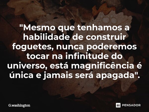 "Mesmo que tenhamos a habilidade de construir foguetes, nunca poderemos tocar na infinitude do universo, está magnificência é única e jamais será apagada&q... Frase de G.washington.