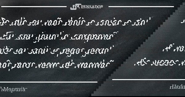De dia eu não bóio e coisa e tal Eu sou igual a carapanâ A noite eu saiu e pego geral As vezes nâo paro nem de manhã... Frase de hadail mesquita.